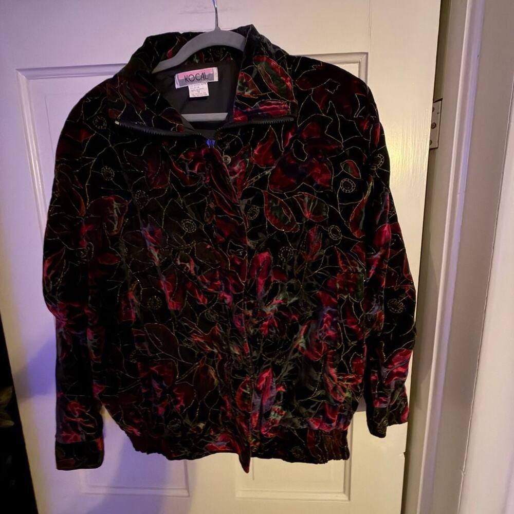 Vintage Kocal Velvet Floral Bomber Jacket Gold Tinsel Accent Size Medium